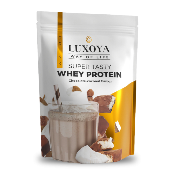 SUPER TASTY WHEY PROTEIN - PRÉMIUM TEJSAVÓ FEHÉRJE ITALPOR 450 g DOY - Csokoládé-kókusz ízű - VALÓDI CSOKIDARABOKKAL ÉS KÓKUSZRESZELÉKKEL!