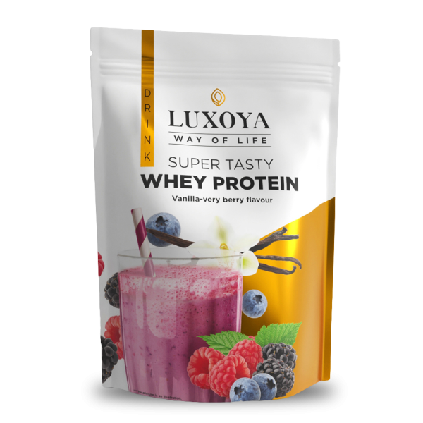 SUPER TASTY WHEY PROTEIN - PRÉMIUM TEJSAVÓ FEHÉRJE ITALPOR 450 g DOY - Vanília-erdei gyümölcs ízű