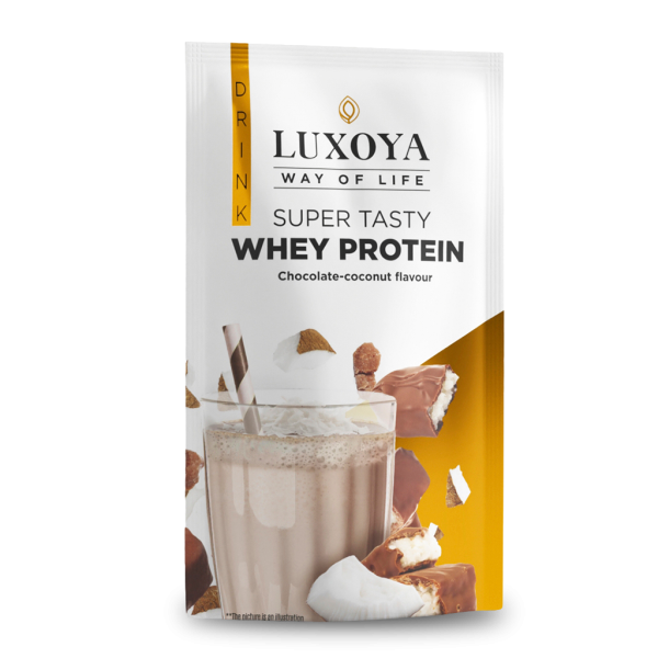 SUPER TASTY WHEY PROTEIN - PRÉMIUM TEJSAVÓ FEHÉRJE ITALPOR 30 g - Csokoládé-kókusz ízű - VALÓDI CSOKIDARABOKKAL ÉS KÓKUSZRESZELÉKKEL!