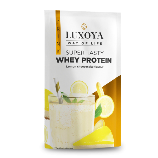 SUPER TASTY WHEY PROTEIN - PRÉMIUM TEJSAVÓ FEHÉRJE ITALPOR 30 g - Citromos sajttorta ízű - VALÓDI CITROMHÉJ DARABOKKAL!