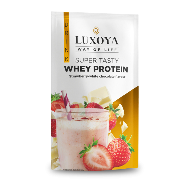 SUPER TASTY WHEY PROTEIN - PRÉMIUM TEJSAVÓ FEHÉRJE ITALPOR 30 g - Eper-fehér csokoládé ízű VALÓDI EPERDARABOKKAL!