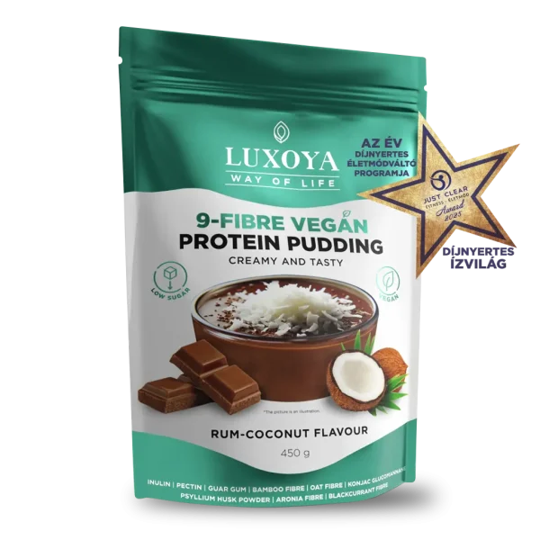 9-FIBRE VEGAN PROTEIN PUDDING - VEGÁN FEHÉRJÉT TARTALMAZÓ ROSTPUDING 9 FÉLE NÖVÉNYI ROSTTAL 450 g Rumos-kókuszos csokoládé ízű