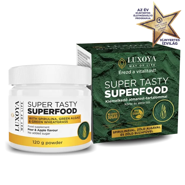 SUPER TASTY SUPERFOOD - KÖRTE-ALMA ÍZESÍTÉSŰ SPIRULINÁT, ZÖLD ALGÁT ÉS ZÖLD BÚZAFÜVET TARTALMAZÓ ÉTREND-KIEGÉSZÍTŐ ITALPOR 120 g