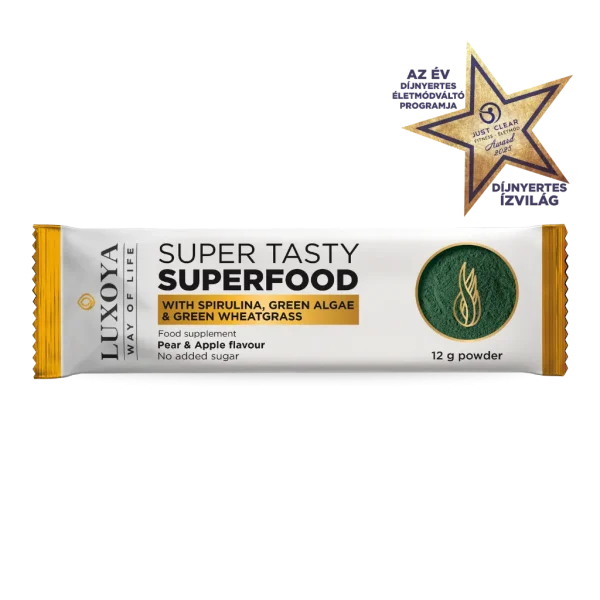 SUPER TASTY SUPERFOOD - KÖRTE-ALMA ÍZESÍTÉSŰ SPIRULINÁT, ZÖLD ALGÁT ÉS ZÖLD BÚZAFÜVET TARTALMAZÓ ÉTREND-KIEGÉSZÍTŐ ITALPOR 12 g