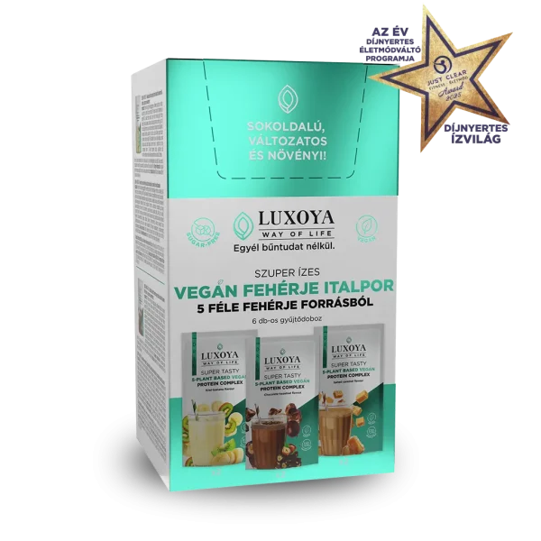 SUPER TASTY 5-PLANT BASED VEGAN PROTEIN COMPLEX - 5 FÉLE NÖVÉNYI FEHÉRJEFORRÁST TARTALMAZÓ VEGÁN FEHÉRJE ITALPOR Gyűjtődoboz 6x30 g (2x3 íz)
