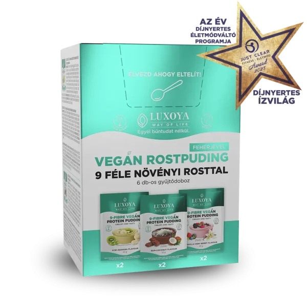 9-FIBRE VEGAN PROTEIN PUDDING - VEGÁN FEHÉRJÉT TARTALMAZÓ ROSTPUDING 9 FÉLE NÖVÉNYI ROSTTAL - Gyűjtődoboz 6x45 g (2x3 íz)