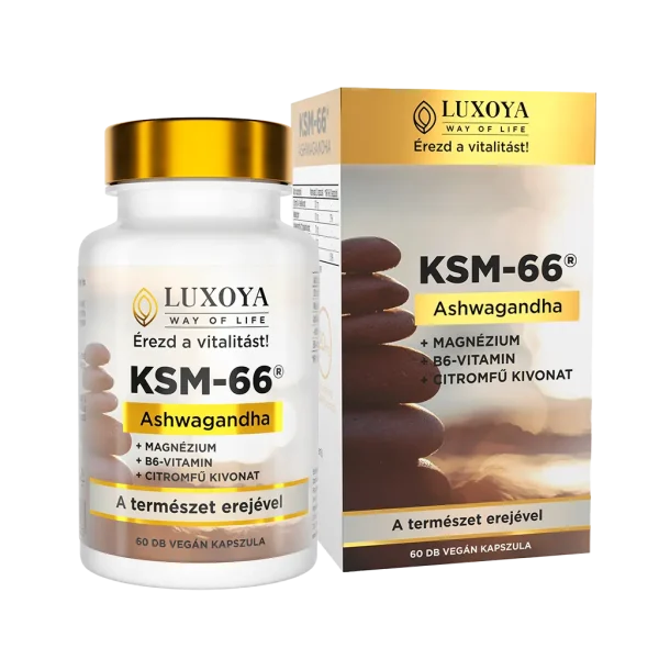 KSM-66 Ashwagandha növényi kivonatokkal és B6-vitaminnal dúsított étrend-kiegészítő kapszula - 60db