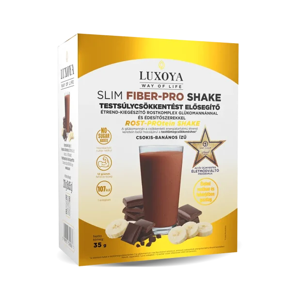 Slim Fiber-Pro Shake - Csokis-banános - Testsúlycsökkentést elősegítő étrend-kiegészítő rostkomplex glükomannánnal és édesítőszerekkel - 6x35g